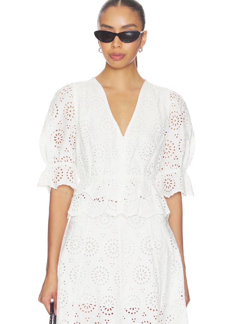 Frame Denim White Eyelet V-Neck Peplum Blouse The Solstice Eyelet Blouse